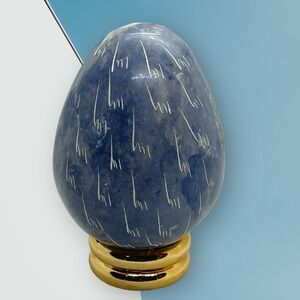 Genuine Besmo Product Hand Carved Grayish-Blue Stone Egg from Kenya with Stand